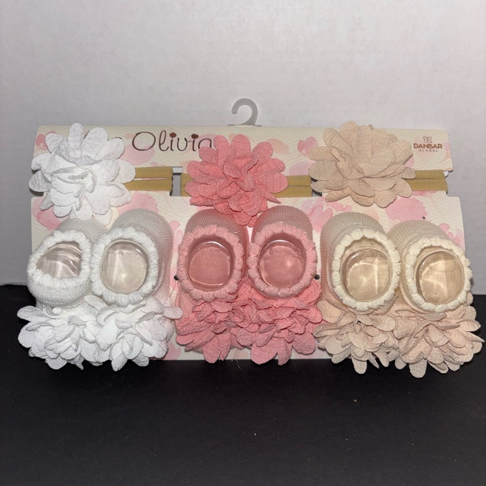 Olivia Baby Girl Socks Headbands Set 3 Pairs White Pink Tan